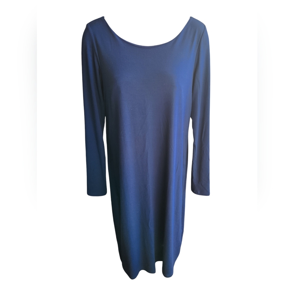 Eileen Fisher Navy Blue Long Sleeve Keyhole Back Dress Knee Length Size PS
